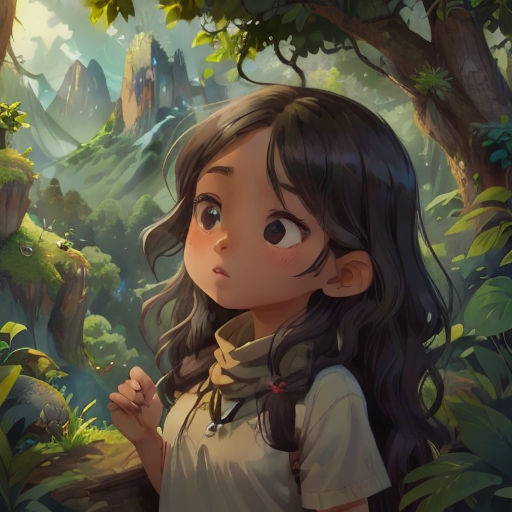 a girl in a forest with a mountain in the background and trees in the foreground, looking up at the sky
