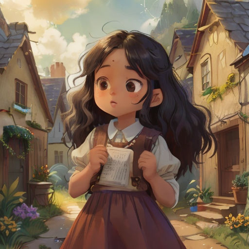 a girl in a dress holding a book in a village with houses and flowers on the ground and a sky background