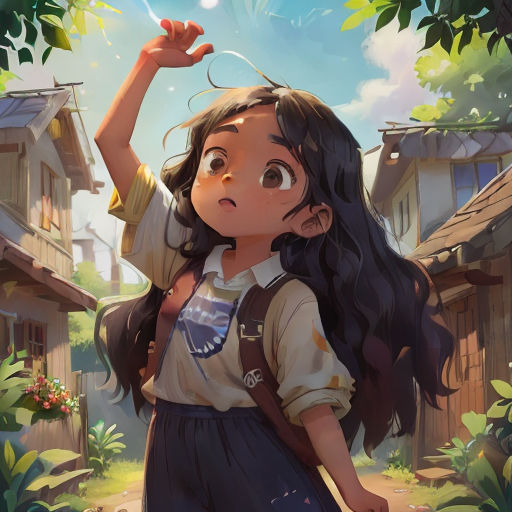a girl in a school uniform holding a bubble in her hand and looking up at the sky with a house in the background