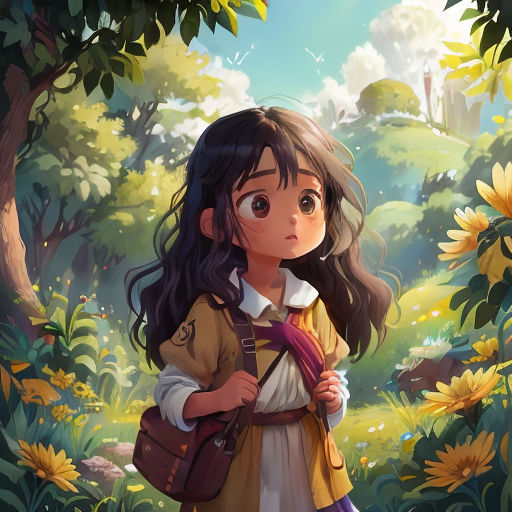 a girl in a brown coat and a brown bag standing in a forest with sunflowers and a hill in the background