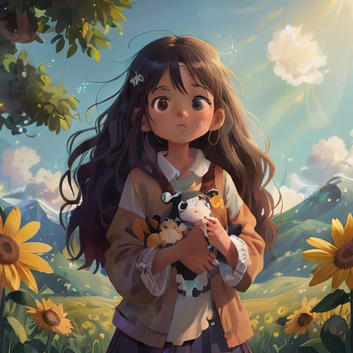 a girl holding a stuffed animal in a field of sunflowers with a sky background and sunflowers