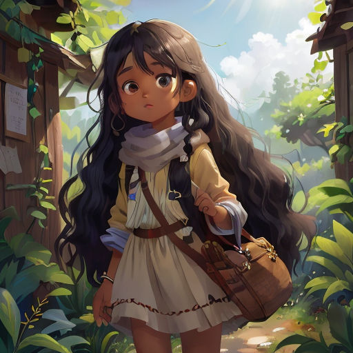 a girl with long hair carrying a brown purse in a forest area with a house in the background and a tree