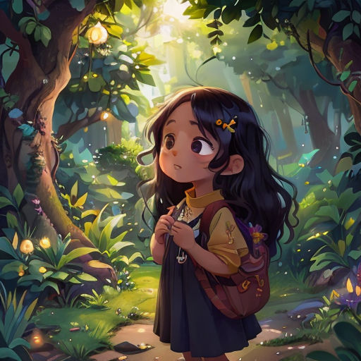 a girl with a backpack standing in the woods looking at the sun through the trees and leaves on the ground