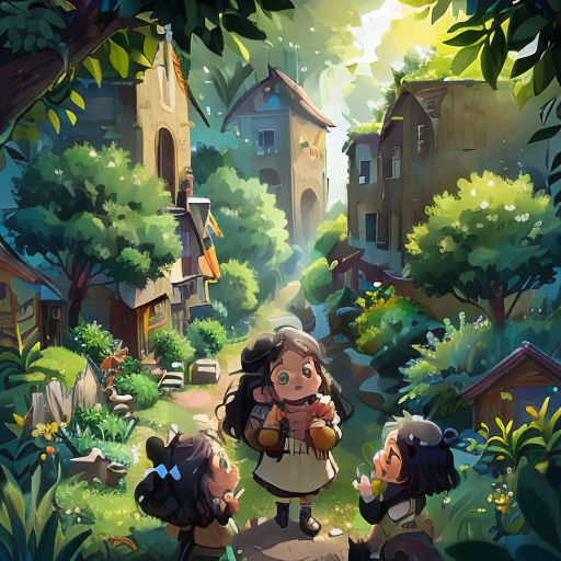 a group of children standing in a forest looking at a small town with a church in the background and a woman holding a baby