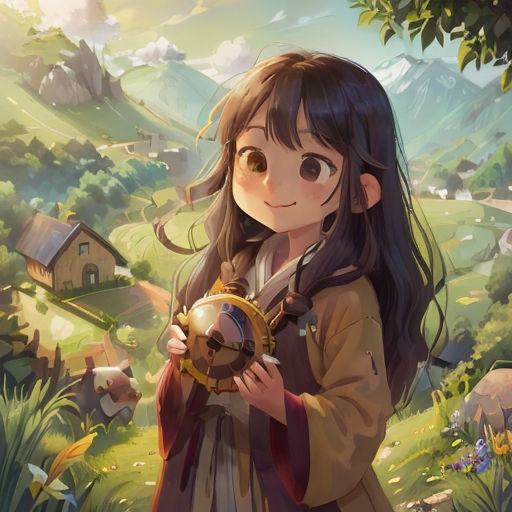 a girl holding a ball in her hands in a field with a mountain in the background and a house in the distance