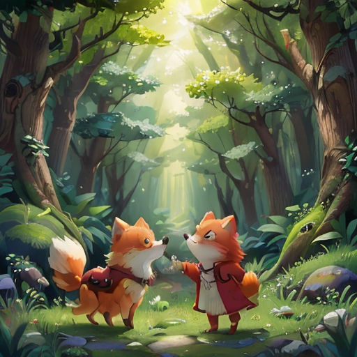 two foxes in the woods with sunlight coming through the trees and a path leading to them, with a forest scene in the background