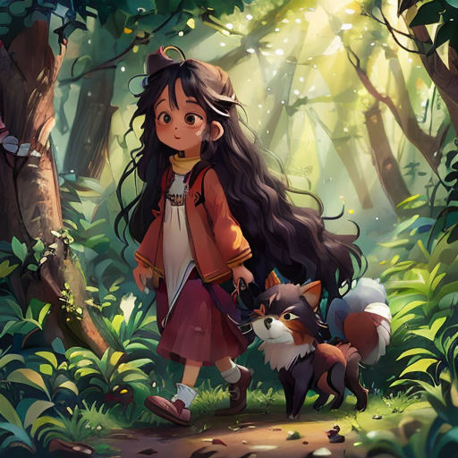 a girl and a fox in the woods with a forest background and sunlight shining through the trees and leaves