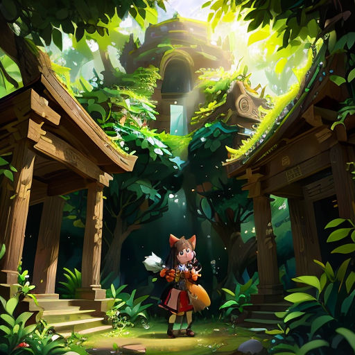 a girl in a forest with a fox in her hand and a bird in her hand, standing in front of a building