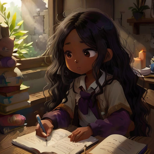 a girl sitting at a desk writing on a book with a pen in her hand and a teddy bear behind her