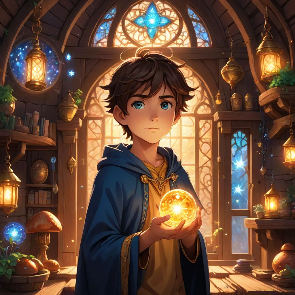 a boy holding a glowing orb in a room with a window and a clock on the wall and a stained glass window, Clint Cearley, fantasy art, a storybook illustration, rossdraws global illumination