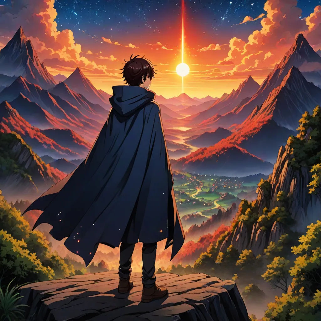 a man standing on top of a cliff looking at a sunset over mountains and a valley with a star, Dan Mumford, rayonism, poster art, anime key visual