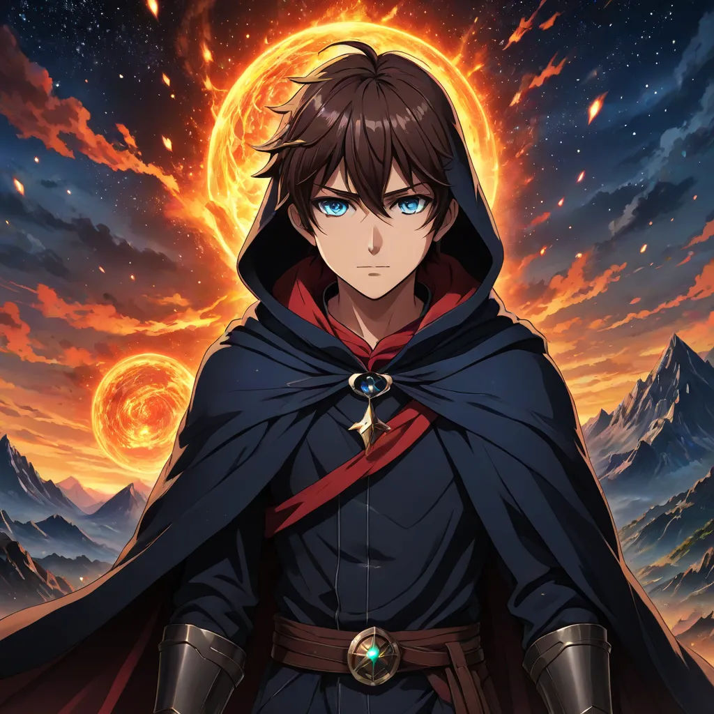 a man in a cape and cloak standing in front of a sunset with mountains and stars in the background, Cedric Seaut (Keos Masons), rayonism, poster art, anime key visual