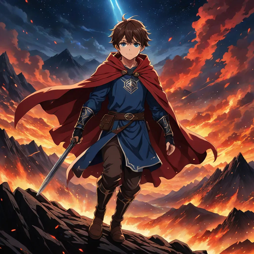 a man in a red cape and blue shirt holding a sword in front of a mountain range with a red sky, Armin Hansen, sots art, poster art, anime key visual