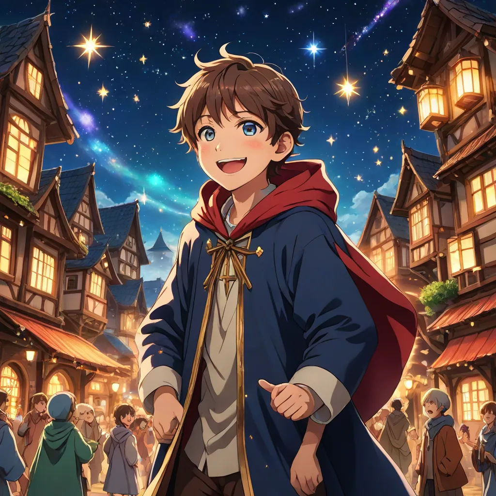 a boy in a red cape is standing in front of a crowd of people in a town at night, Anne Said, sots art, concept art, official art
