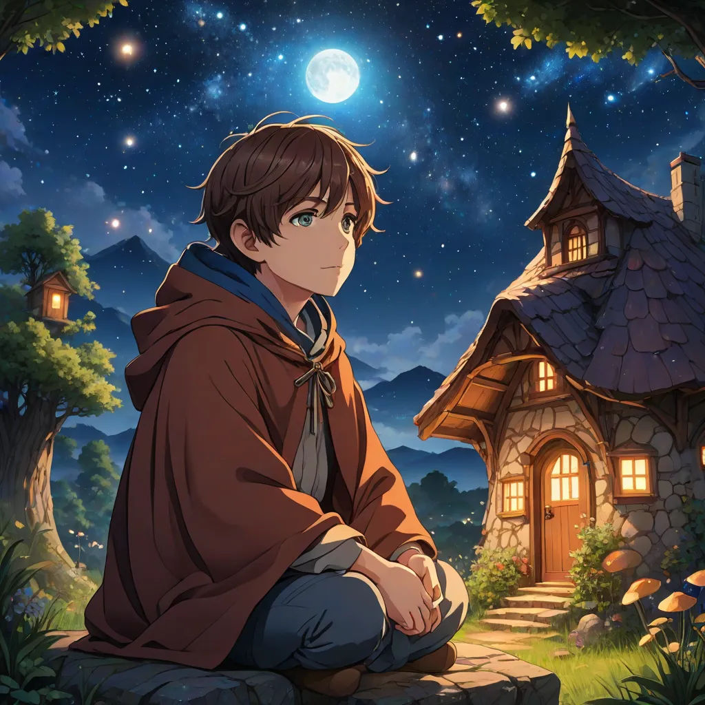 a boy sitting on a rock in front of a house at night with a full moon in the sky, Cedric Seaut (Keos Masons), sots art, a storybook illustration, official art