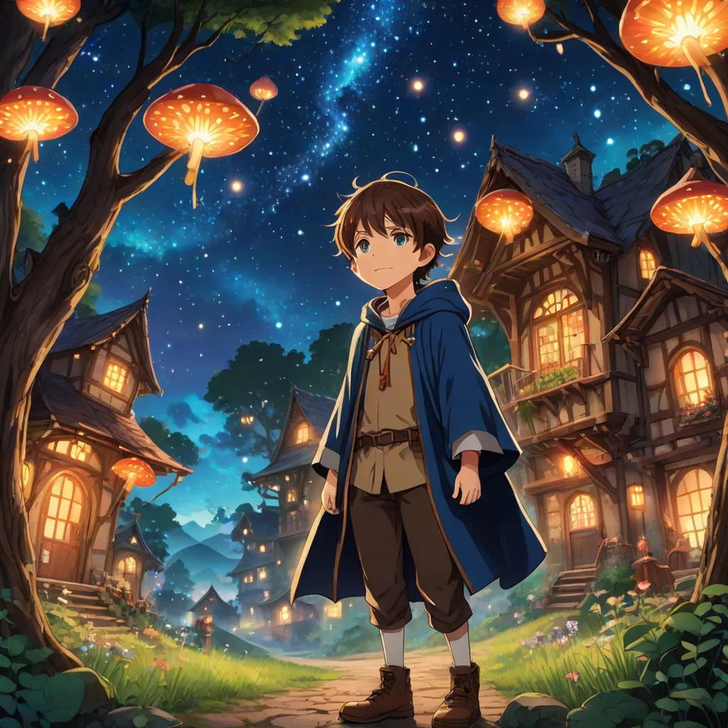 a boy in a blue cape standing in front of a tree with lanterns hanging from it's branches, Cliff Childs, magic realism, concept art, official art