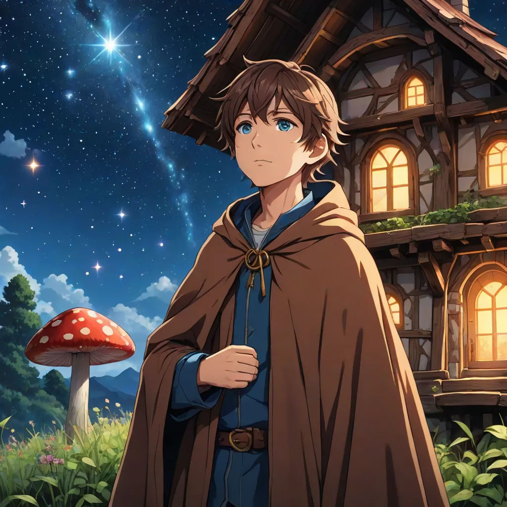 a man in a cape standing in front of a mushroom house with a mushroom on the ground and a mushroom on the ground, Armin Hansen, sots art, concept art, official art