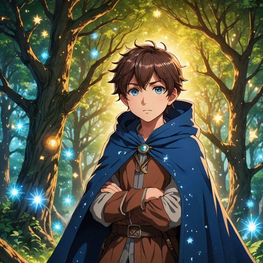 a man in a cloak standing in front of a forest with stars on it and a light shining on his face, Cedric Seaut (Keos Masons), sots art, concept art, official art