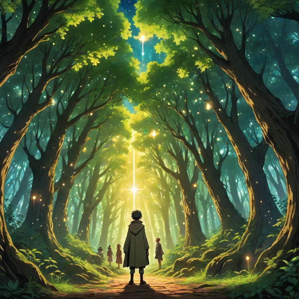a man standing in a forest with a light shining through the trees on his head and a star above his head, Aya Goda, magical realism, poster art, official art