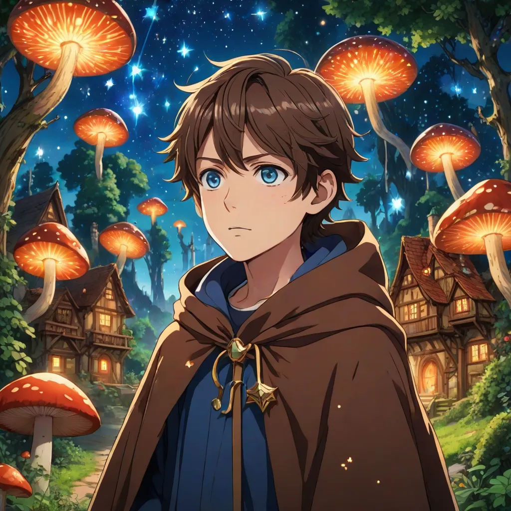 a man in a cloak standing in front of mushrooms and trees with a sky background and stars in the sky, Arthur Hughes, fantasy art, concept art, official art
