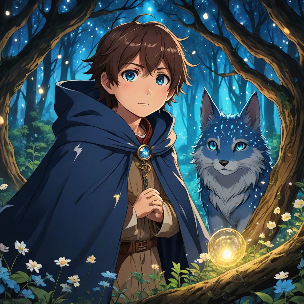 a boy in a cloak standing in a forest with a wolf behind him and a glowing orb in the foreground, Bob Ross, sots art, concept art, official art