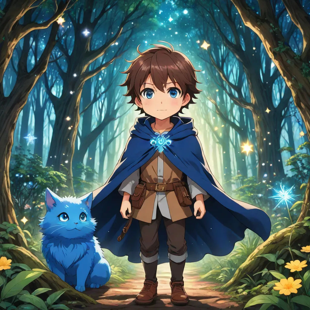 a boy in a blue cape standing in a forest with a cat next to him and a blue cat sitting in front of him, Adam Manyoki, sots art, a character portrait, official art