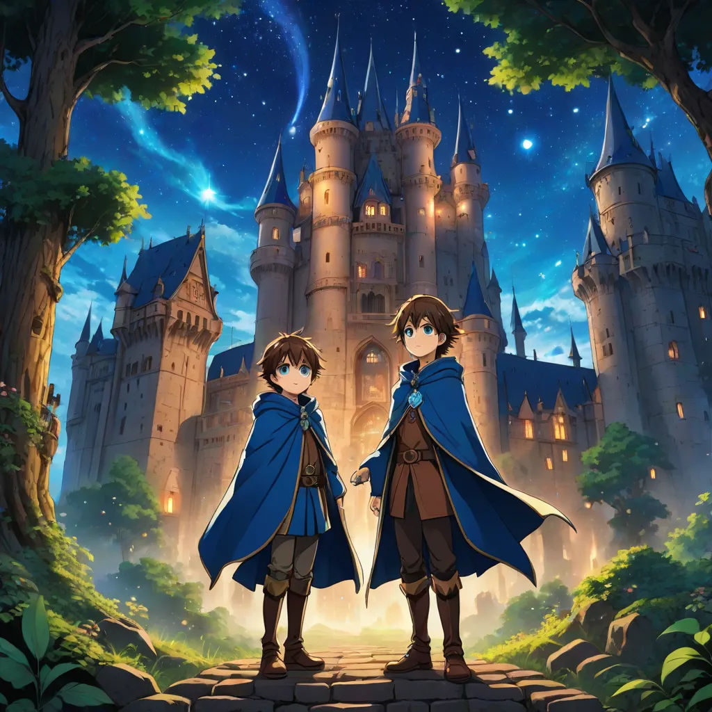 two people standing in front of a castle at night with a sky background and stars in the sky above, Cedric Seaut (Keos Masons), dau-al-set, concept art, official art