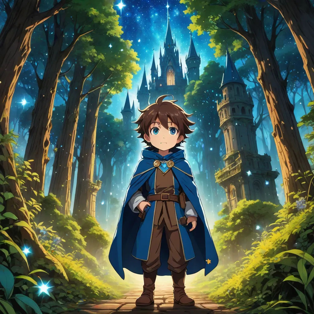 a boy in a blue cape standing in a forest with a castle in the background and stars in the sky, Cedric Seaut (Keos Masons), rayonism, concept art, official art