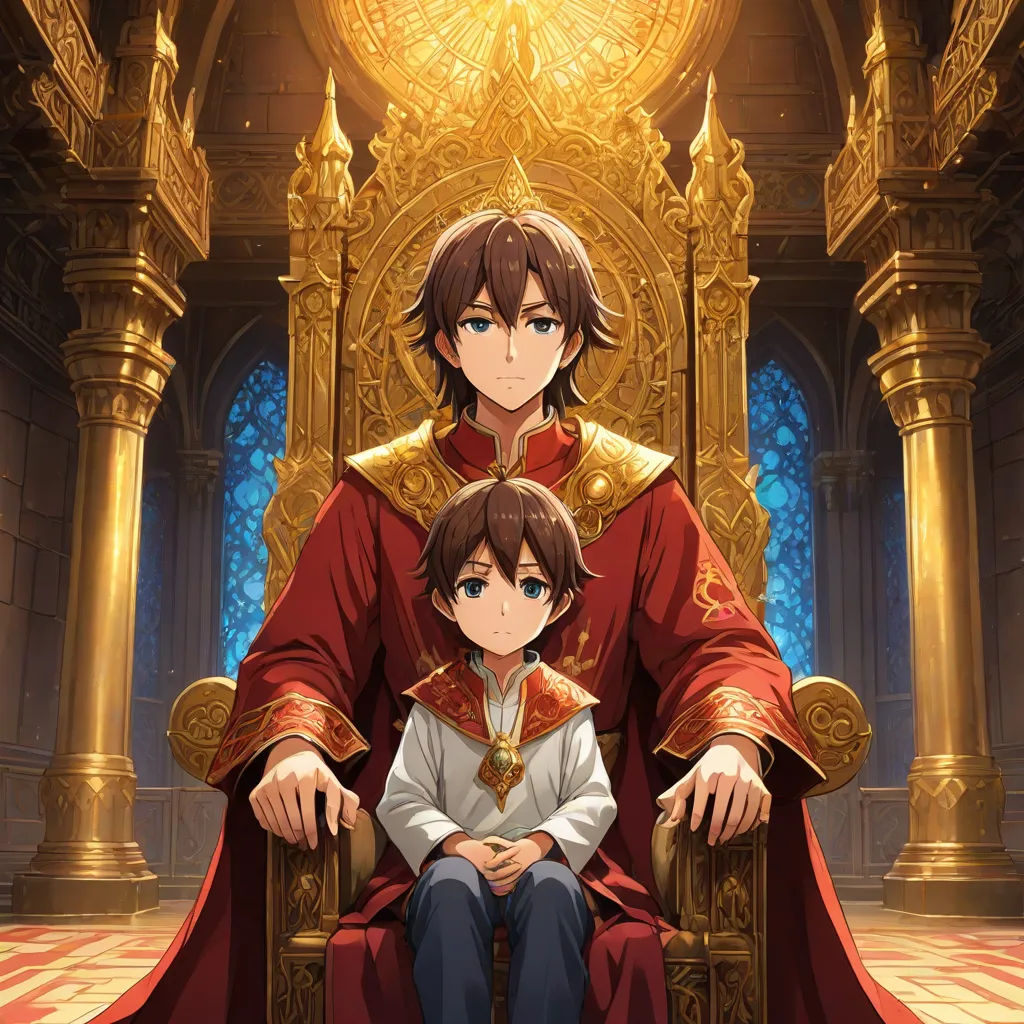a man and a child sitting on a throne in a room with a golden throne and a golden throne, Ai-Mitsu, sots art, concept art, official art