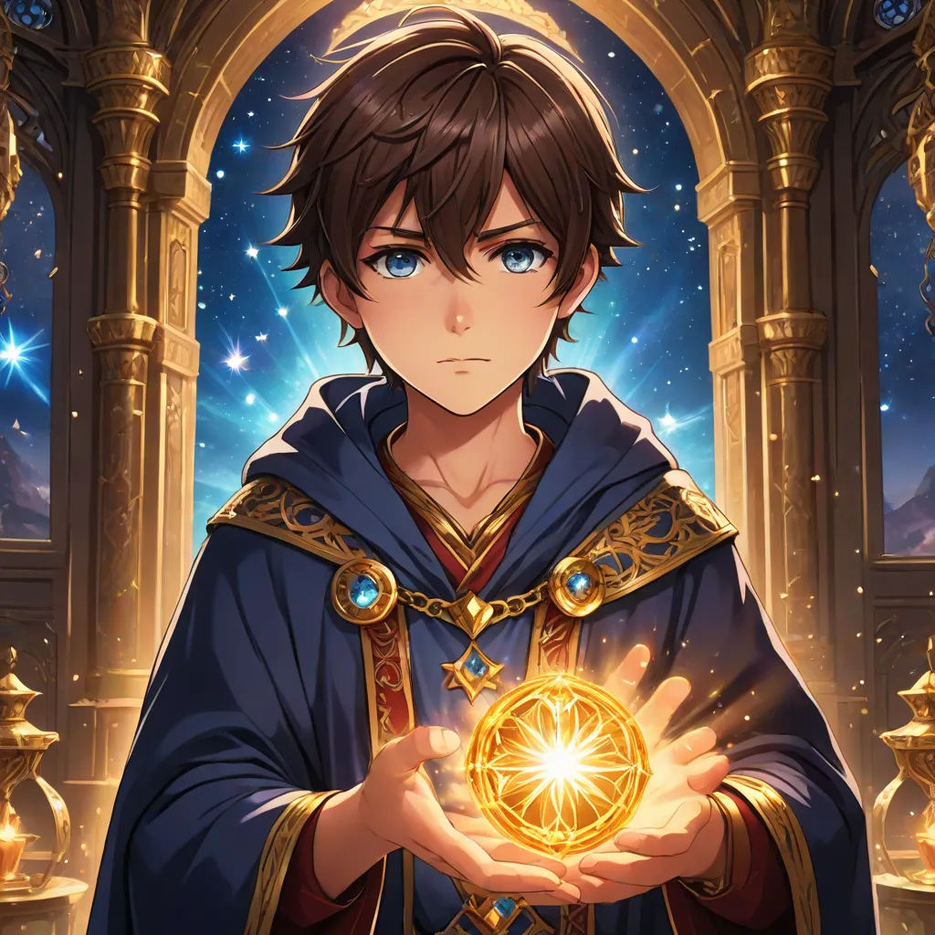 a man in a blue robe holding a golden ball in his hands with a star in the background and a doorway with a light shining, Adam Manyoki, sots art, a hologram, official art