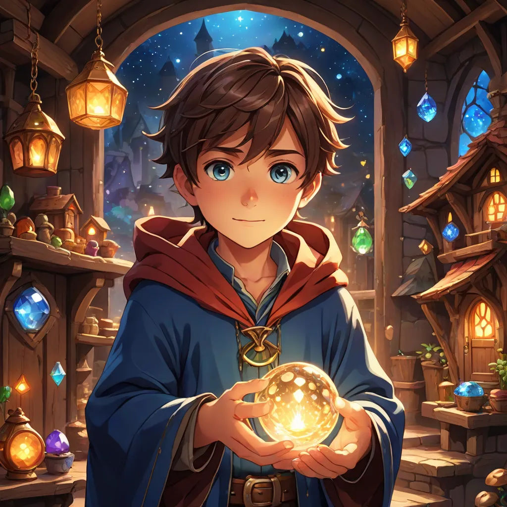 a boy holding a glowing orb in his hands in front of a window with a castle in the background, Artgerm, sots art, concept art, official art