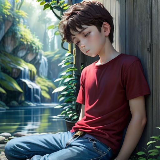 a boy sitting on a wooden fence next to a pond of water and plants in a forest setting with a waterfall
