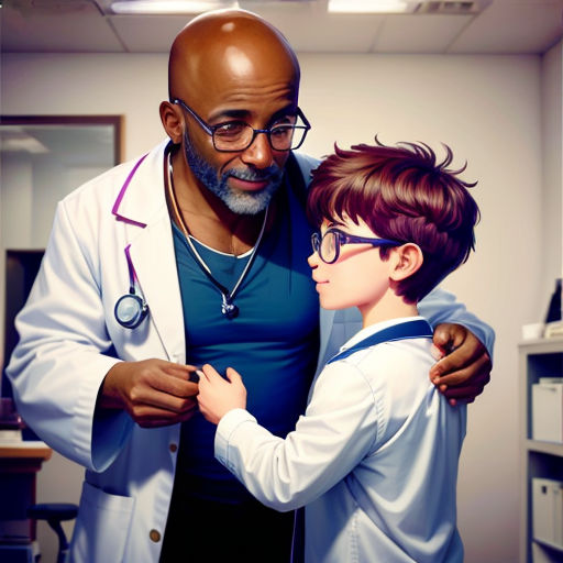 a man in a lab coat and glasses is helping a boy with a stethoscope in a room