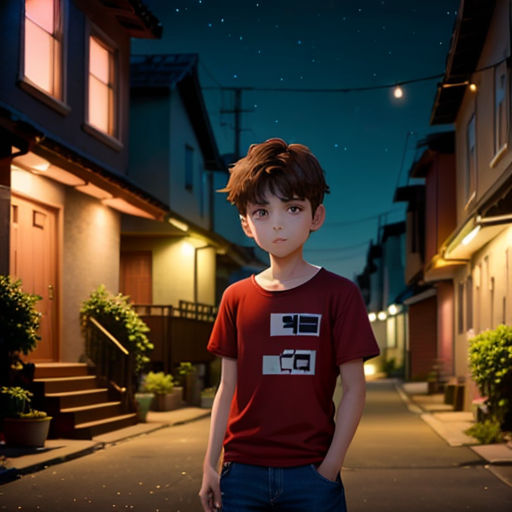 a boy standing on a street at night with a house in the background and a street light in the foreground
