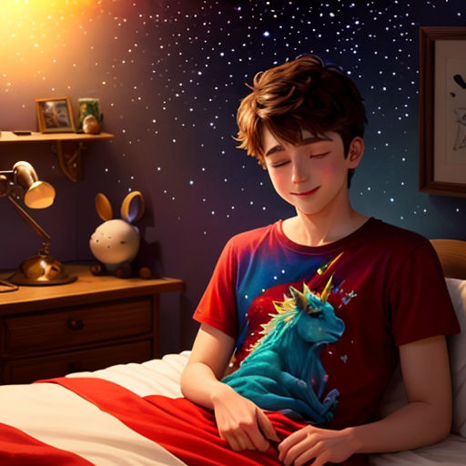 a boy sitting on a bed with a unicorn shirt on and a star filled wall behind him and a painting of a unicorn on the wall