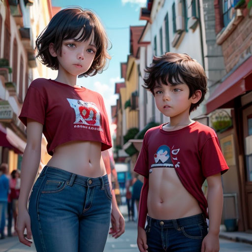 two young children walking down a street next to each other on a sunny day in a city with people walking by