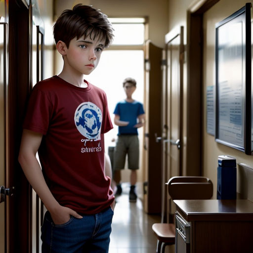 a boy standing in a hallway with his hands on his hips and a boy standing behind him in a hallway