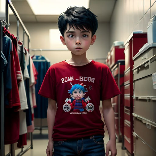 a young boy standing in a room with a bunch of drawers and shirts on the shelves and a red shirt with a cartoon character on it