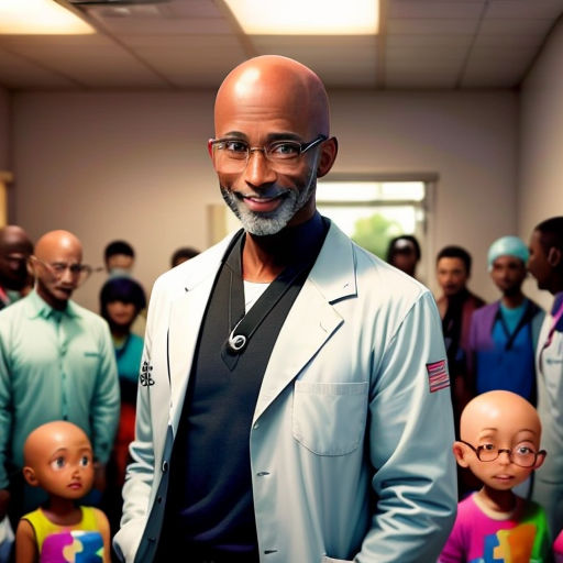 a man standing in front of a group of dolls in a room with a bald head and glasses on