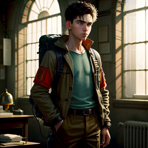 a man in a green shirt and a backpack standing in a room with windows and a desk with a computer