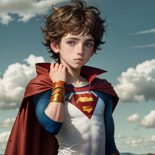 a young boy dressed as a superman standing in the sky with his hands on his chest and his hand under his chin