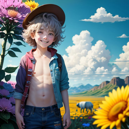 a boy with a cowboy hat standing in a field of flowers and a rhinoceros in the background