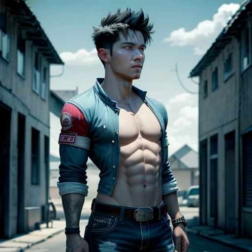 a man with a shirt on standing in the street with his shirt open and his shirt off, with his shirt off