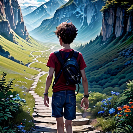 a boy with a backpack is walking up a path to a mountain valley with flowers and a path leading to a valley
