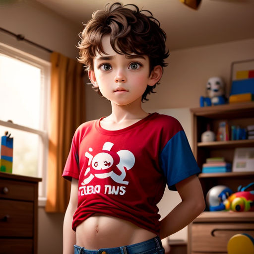 a young boy in a red shirt standing in a room with a window and a toy chest on the floor