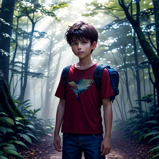 a boy standing in the middle of a forest with a backpack on his back and a bird on his chest