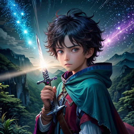 a young boy holding a sword in his hand and a star in the sky behind him, with a mountain in the background