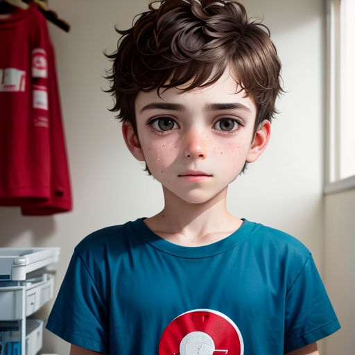 a young boy with a messy haircut and a blue shirt is standing in a room with a red shirt