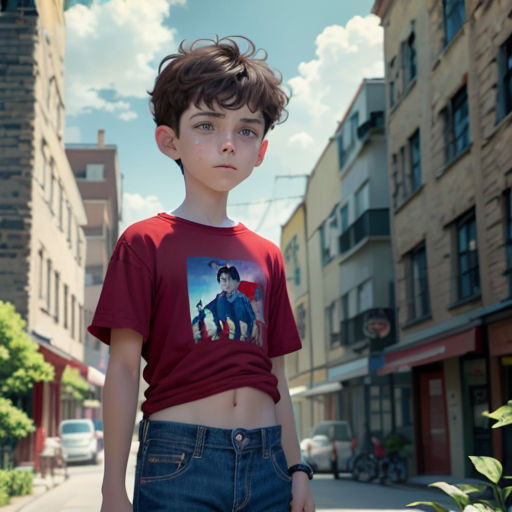 a boy in a red shirt standing on a street corner with a skateboard in his hand and a building in the background