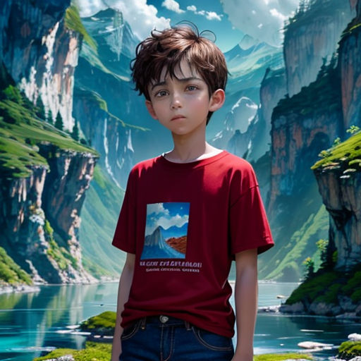 a boy standing in front of a mountain lake with a mountain range in the background and a river running through it
